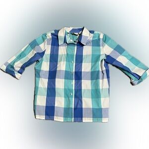 💥Kim Rogers Essentials Petite Women Blouse Plaid 3/4 Sleeves Button Front  8P